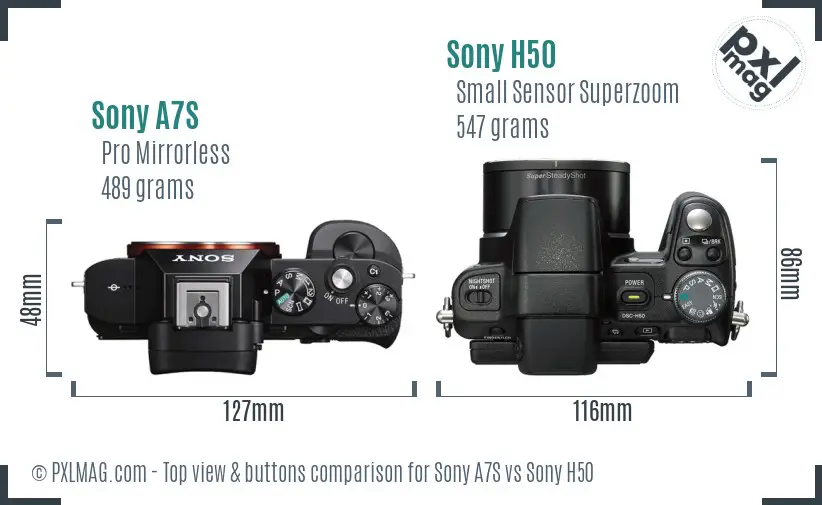 Sony A7S vs Sony H50 top view buttons comparison Sony A7S vs Sony H50 top view buttons comparison