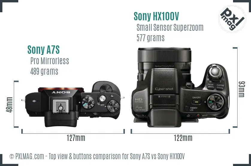 Sony A7S vs Sony HX100V top view buttons comparison