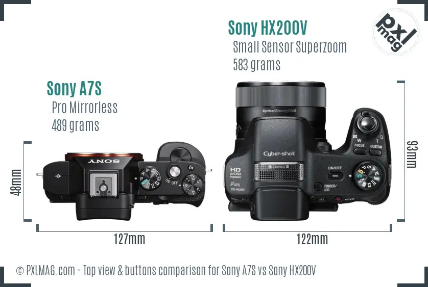 Sony A7S vs Sony HX200V top view buttons comparison