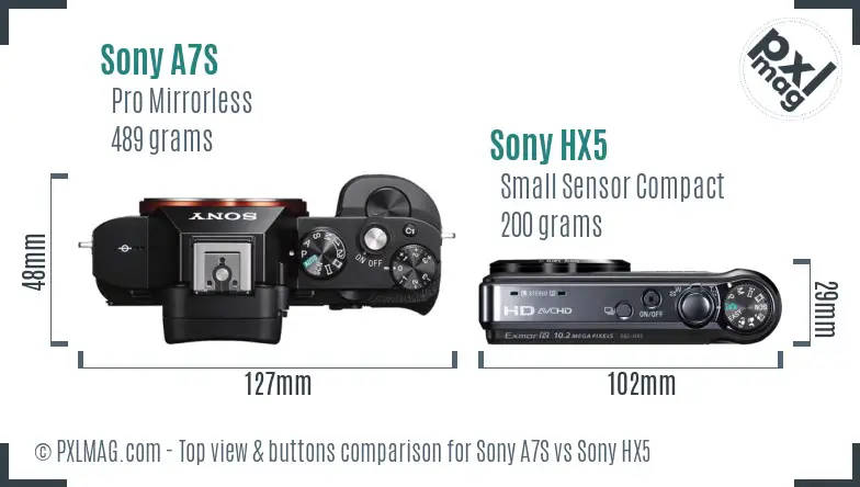 Sony A7S vs Sony HX5 top view buttons comparison Sony A7S vs Sony HX5 top view buttons comparison