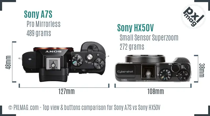 Sony A7S vs Sony HX50V top view buttons comparison Sony A7S vs Sony HX50V top view buttons comparison