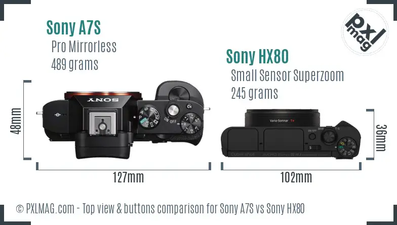 Sony A7S vs Sony HX80 top view buttons comparison Sony A7S vs Sony HX80 top view buttons comparison