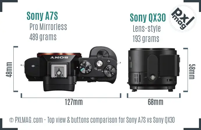 Sony A7S vs Sony QX30 top view buttons comparison
