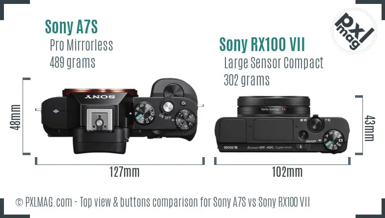 Sony A7S vs Sony RX100 VII top view buttons comparison