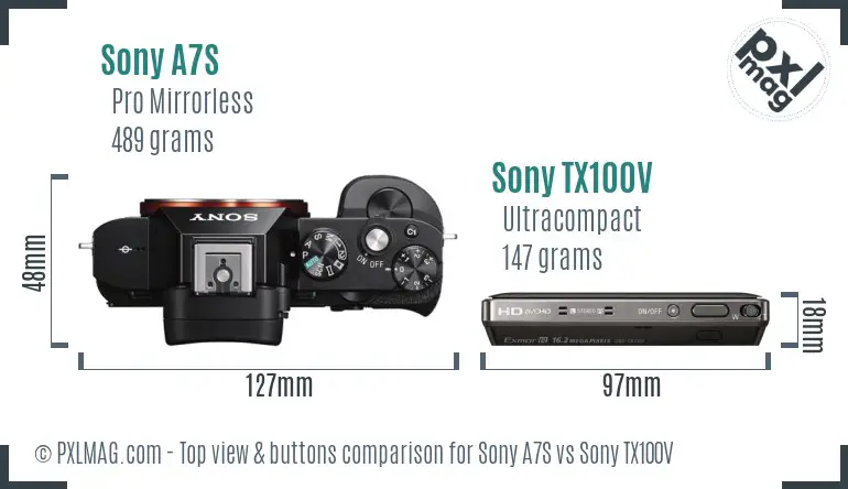 Sony A7S vs Sony TX100V top view buttons comparison