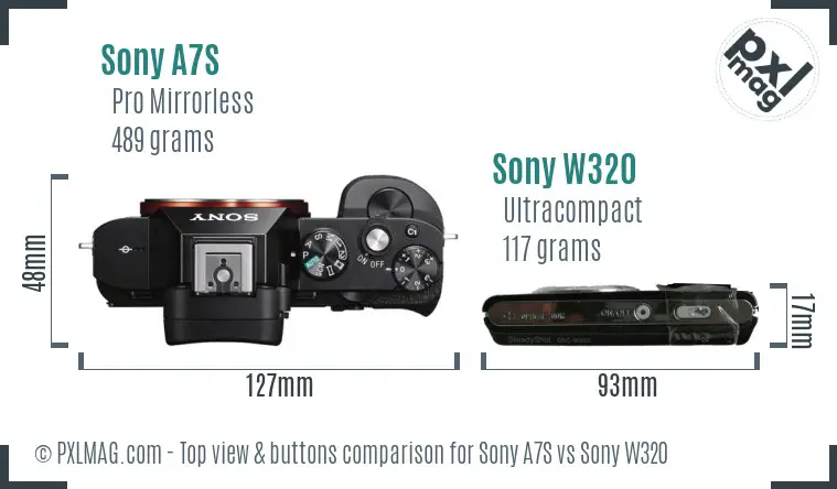 Sony A7S vs Sony W320 top view buttons comparison