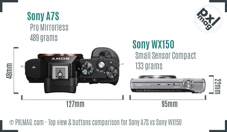 Sony A7S vs Sony WX150 top view buttons comparison Sony A7S vs Sony WX150 top view buttons comparison
