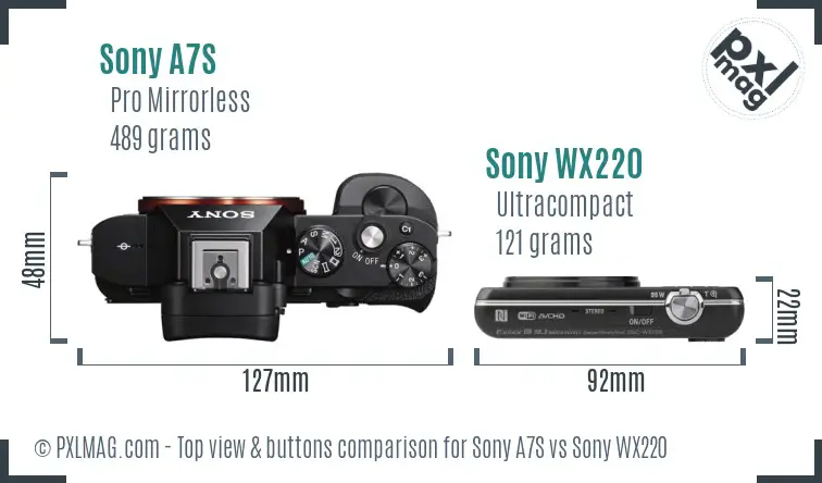 Sony A7S vs Sony WX220 top view buttons comparison