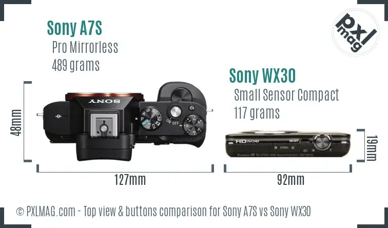Sony A7S vs Sony WX30 top view buttons comparison Sony A7S vs Sony WX30 top view buttons comparison
