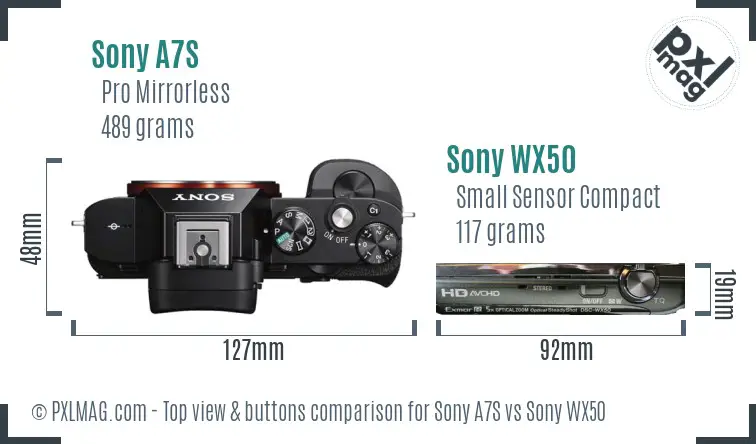 Sony A7S vs Sony WX50 top view buttons comparison