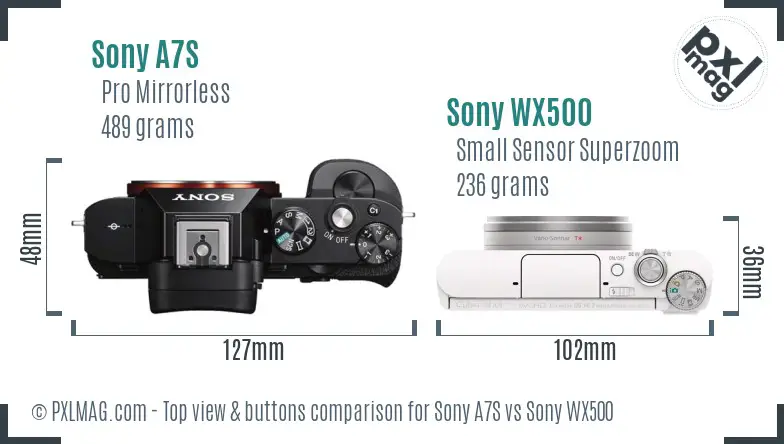 Sony A7S vs Sony WX500 top view buttons comparison