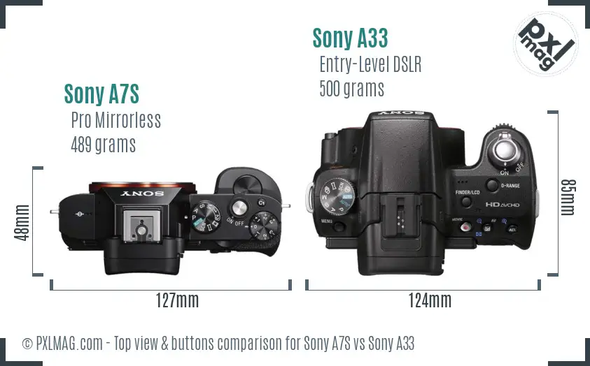 Sony A7S vs Sony A33 top view buttons comparison