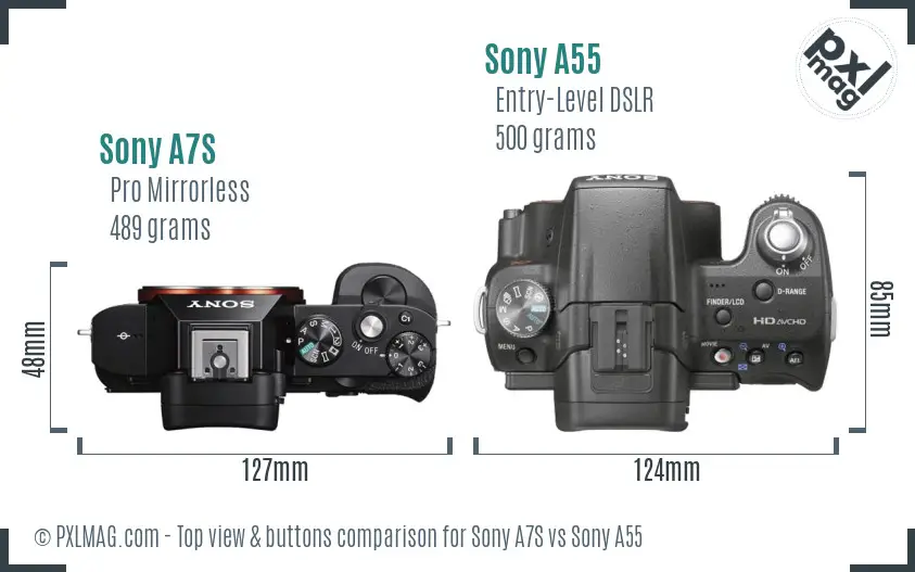 Sony A7S vs Sony A55 top view buttons comparison Sony A7S vs Sony A55 top view buttons comparison