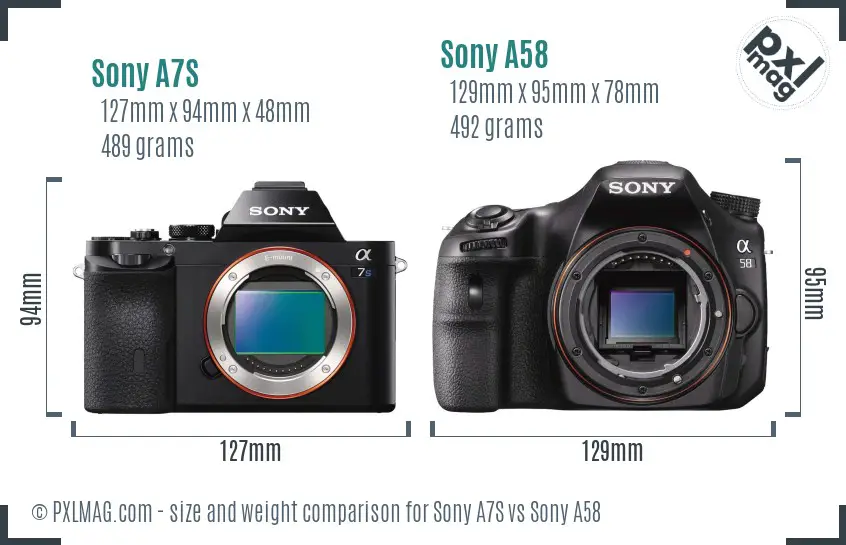 Sony A7S vs Sony A58 size comparison