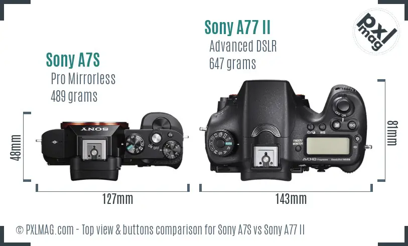 Sony A7S vs Sony A77 II top view buttons comparison