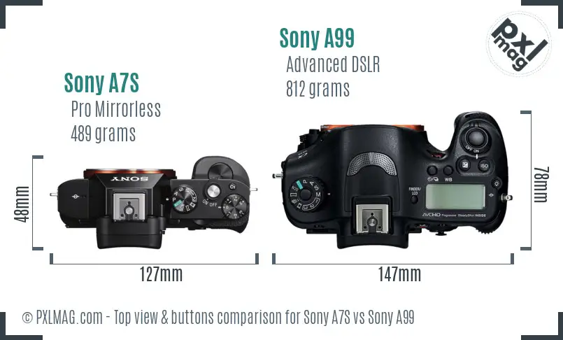 Sony A7S vs Sony A99 top view buttons comparison