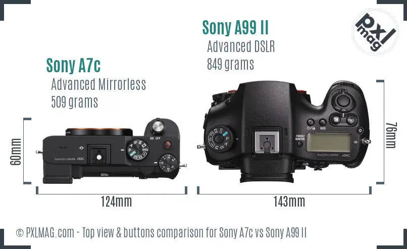 Sony A7c vs Sony A99 II top view buttons comparison