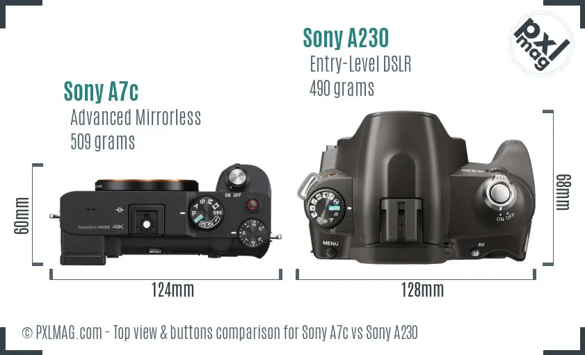 Sony A7c vs Sony A230 top view buttons comparison