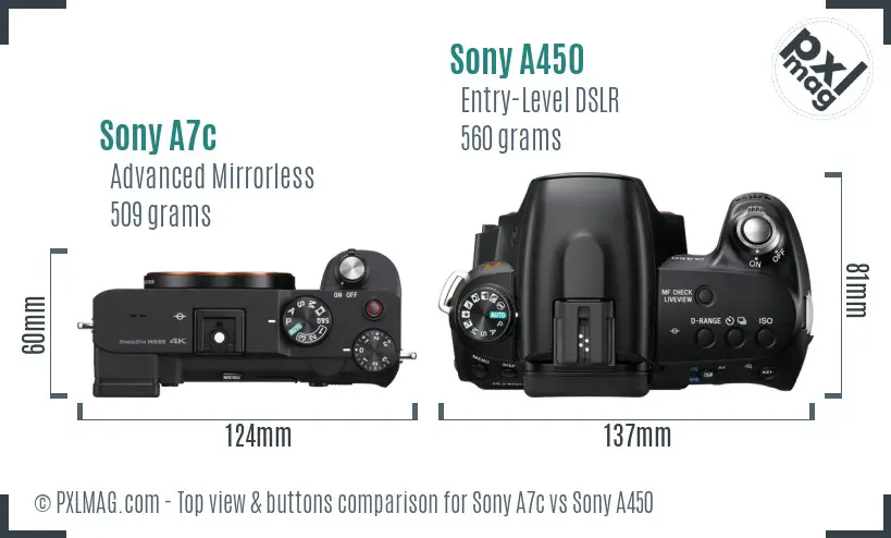 Sony A7c vs Sony A450 top view buttons comparison