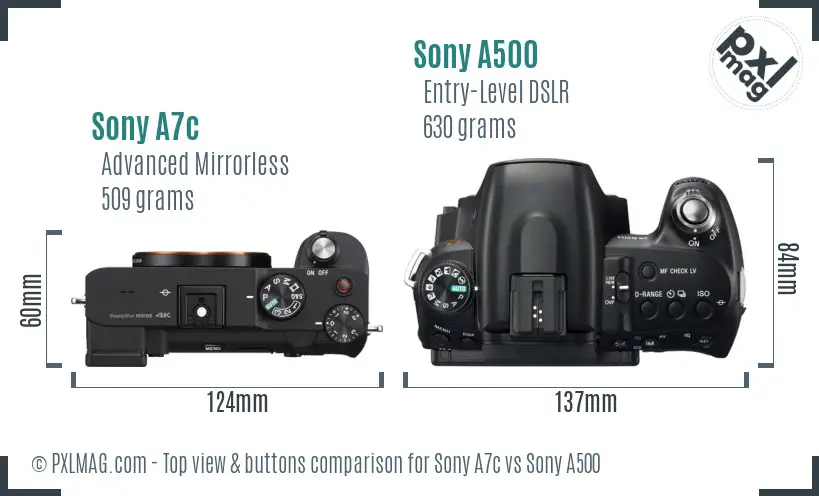 Sony A7c vs Sony A500 top view buttons comparison