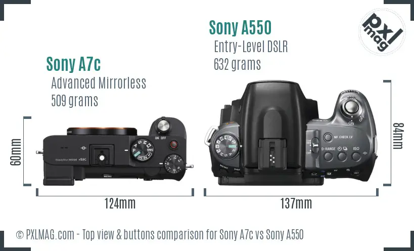 Sony A7c vs Sony A550 top view buttons comparison