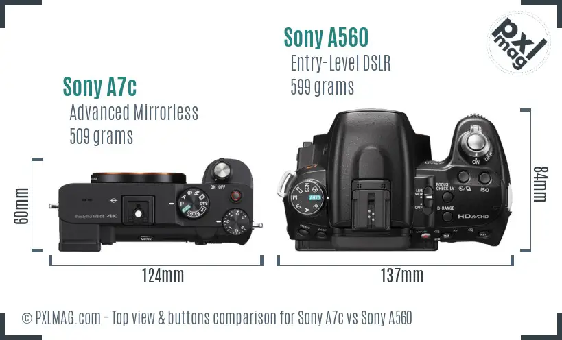 Sony A7c vs Sony A560 top view buttons comparison