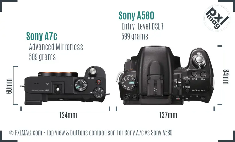 Sony A7c vs Sony A580 top view buttons comparison