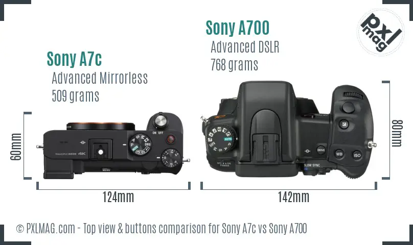 Sony A7c vs Sony A700 top view buttons comparison