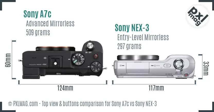 Sony A7c vs Sony NEX-3 top view buttons comparison