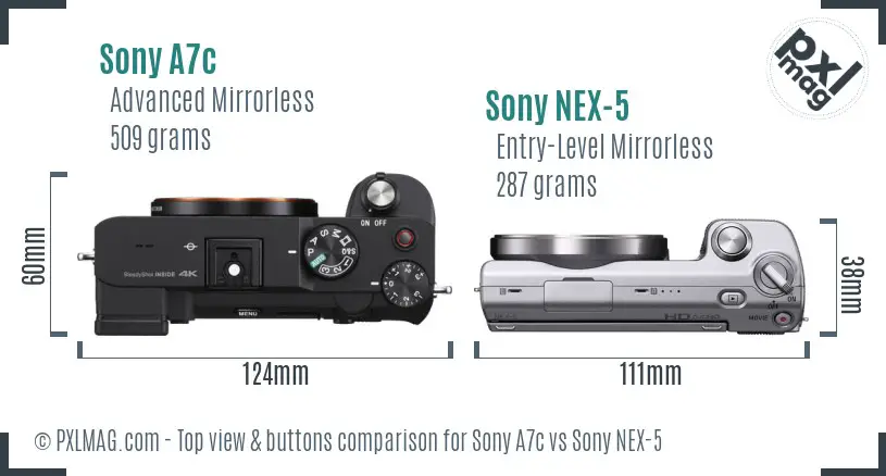 Sony A7c vs Sony NEX-5 top view buttons comparison