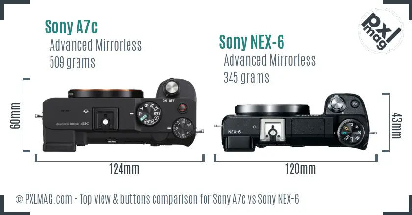 Sony A7c vs Sony NEX-6 top view buttons comparison
