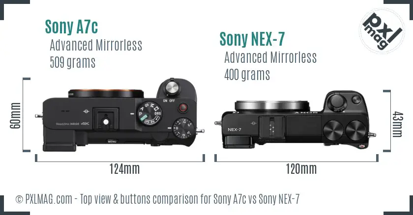 Sony A7c vs Sony NEX-7 top view buttons comparison