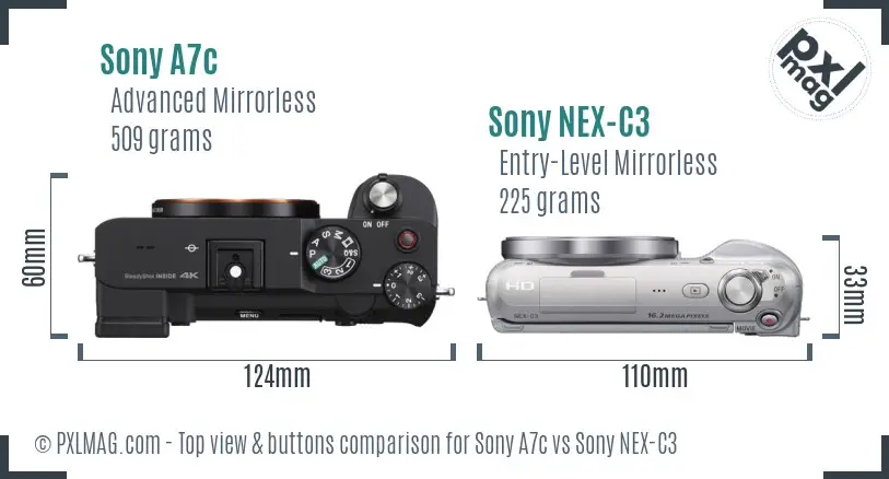 Sony A7c vs Sony NEX-C3 top view buttons comparison