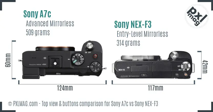 Sony A7c vs Sony NEX-F3 top view buttons comparison