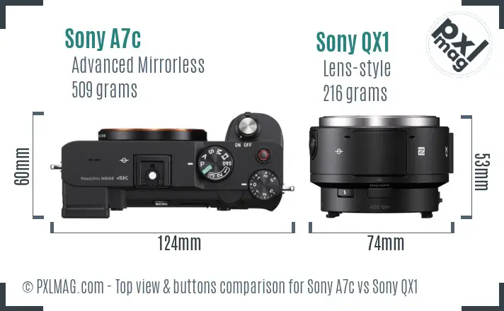 Sony A7c vs Sony QX1 top view buttons comparison