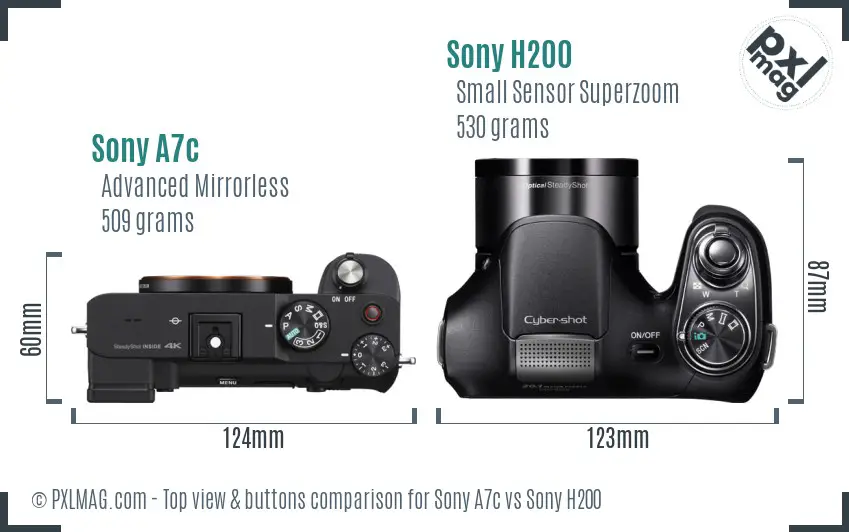 Sony A7c vs Sony H200 top view buttons comparison