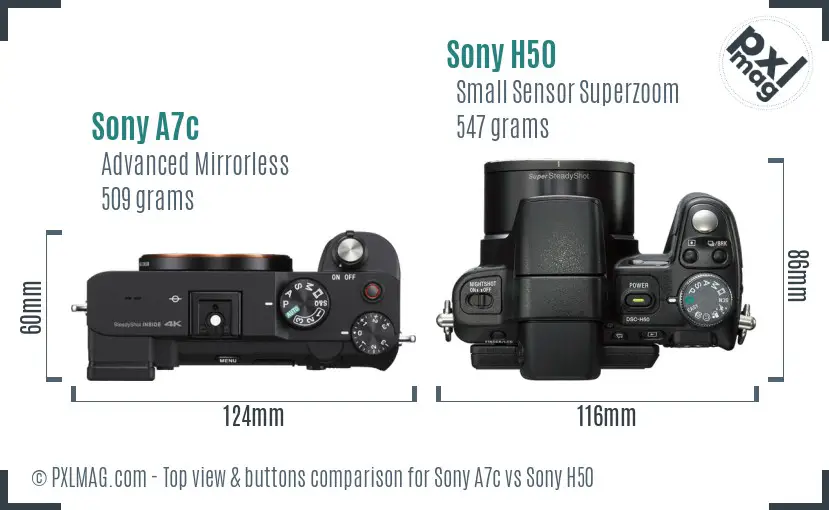 Sony A7c vs Sony H50 top view buttons comparison