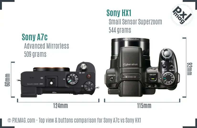 Sony A7c vs Sony HX1 top view buttons comparison
