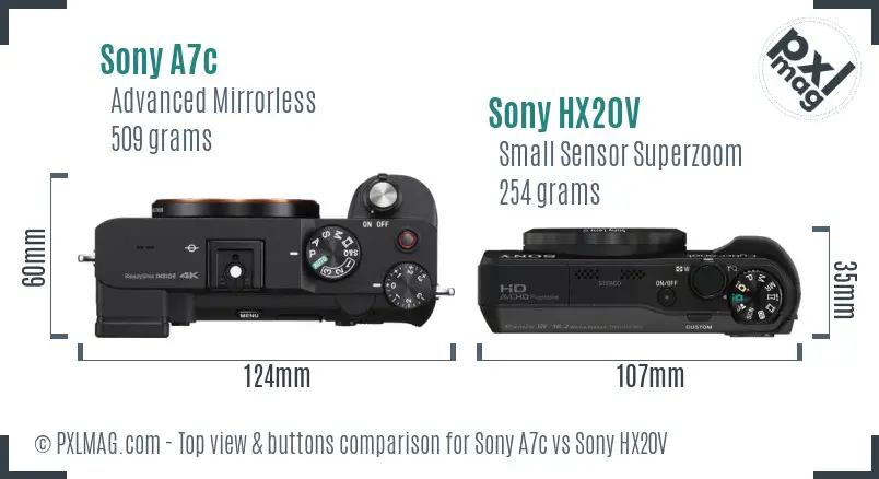 Sony A7c vs Sony HX20V top view buttons comparison