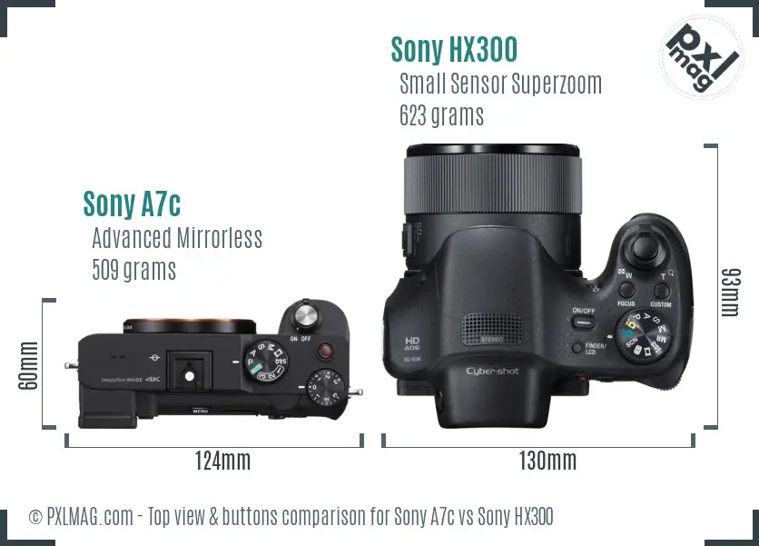 Sony A7c vs Sony HX300 top view buttons comparison