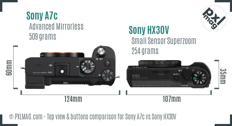 Sony A7c vs Sony HX30V top view buttons comparison