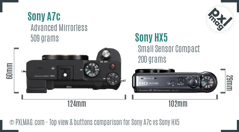 Sony A7c vs Sony HX5 top view buttons comparison