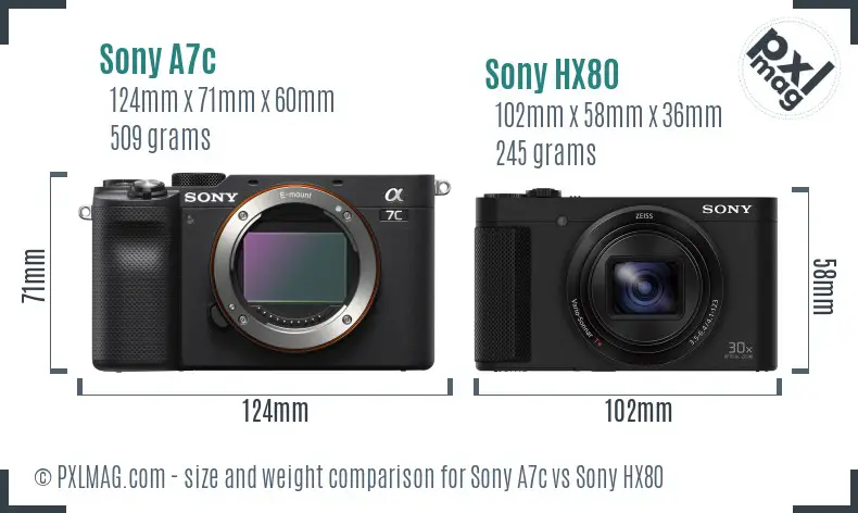 Sony A7c vs Sony HX80 size comparison