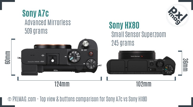 Sony A7c vs Sony HX80 top view buttons comparison