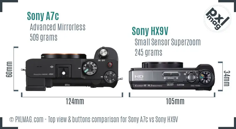Sony A7c vs Sony HX9V top view buttons comparison