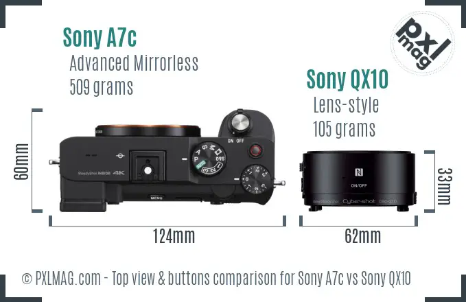 Sony A7c vs Sony QX10 top view buttons comparison
