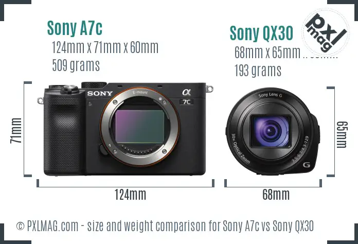 Sony A7c vs Sony QX30 size comparison