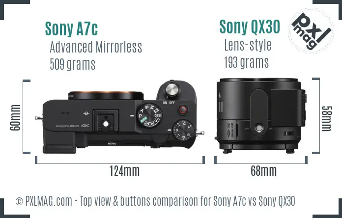Sony A7c vs Sony QX30 top view buttons comparison