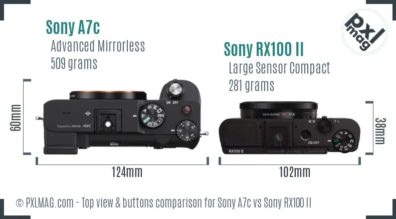 Sony A7c vs Sony RX100 II top view buttons comparison