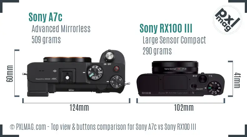 Sony A7c vs Sony RX100 III top view buttons comparison